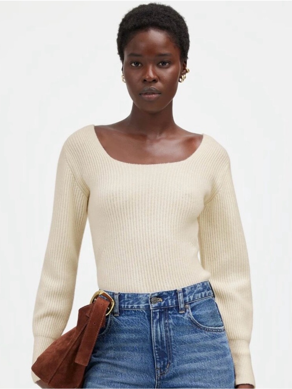 Madewell Wool Cashmere Blend Cream Ribbed Scoop-Neck Sweater-M